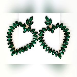 Marquise Rhinestone Large Emerald Green Drop Bold Statement Heart 3.5" Earrings